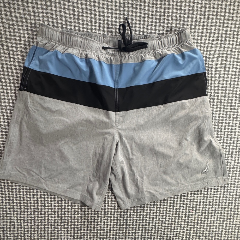 Nautica Mens XXL Classic Fit Colorblock Swim Trunks Grey Blue Black Stretch